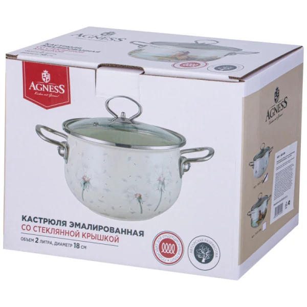 Кастрюля Agness Эмалированная Со Стеклянной Крышкой, 2 Л Диа 18См