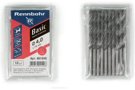 Сверло по металлу 4,0x75мм HSS-R цилиндрический хвостовик уп-10шт RENNBOHR BASIC PROM 461040 *1