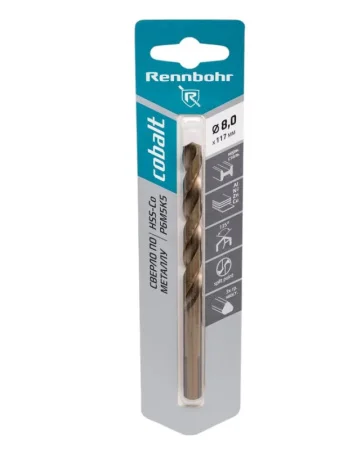 Сверло по металлу 3-гр. хвост. 8,0х117мм, HSS-Co, Р6М5К5, уп-1шт. Rennbohr Cobalt Card 668080 *1