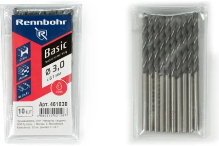 Сверло по металлу 3,0x61мм HSS-R цилиндрический хвостовик уп-10шт RENNBOHR BASIC PROM 461030 *1