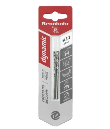 Сверло по металлу ЦХ, 3,2х65мм, HSS-G, P6M5, уп-2шт. Rennbohr Dynamic Card 675032 *1