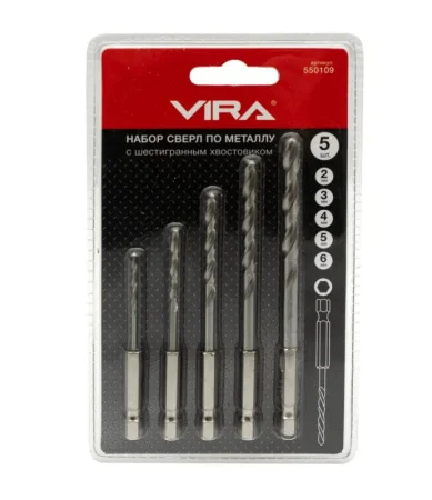 Набор сверл по металлу 2,3,4,5,6мм уп-5шт HSS4341 (W4) с 6-гр.хвост. VIRA 550109 *1
