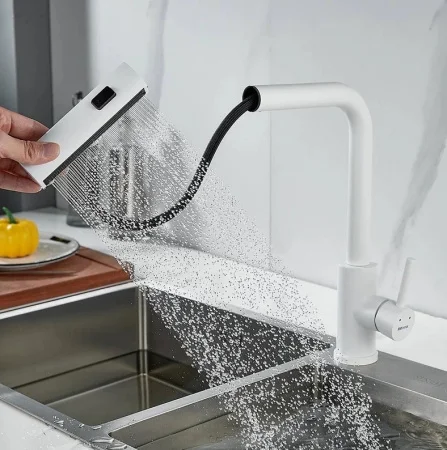 Смеситель для кухни одноручный гибкий выдвижной излив Shevanik S263C белый