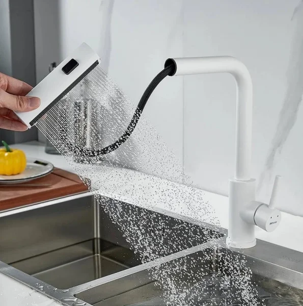 Смеситель для кухни одноручный гибкий выдвижной излив Shevanik S263C белый