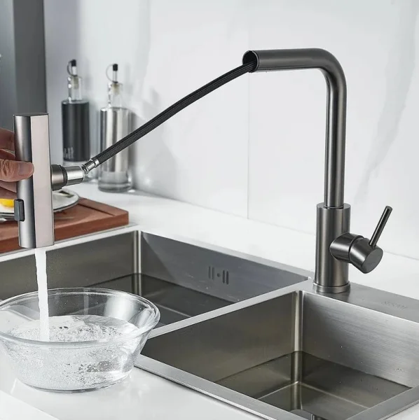 Смеситель для кухни одноручный гибкий выдвижной излив Shevanik S263T оружейная сталь