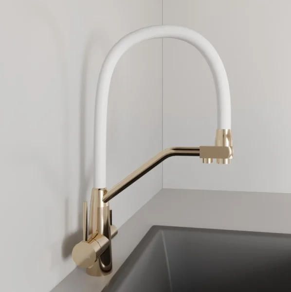 Смеситель для кухни с высоким гибким изливом с подключением фильтра питьевой воды AVRORA Kitchen AV9006Gold золото