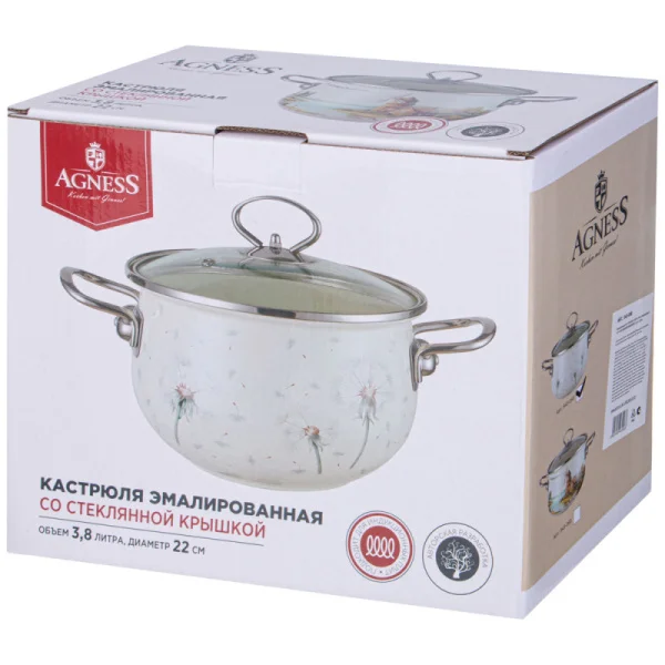 Кастрюля Agness Эмалированная Со Стеклянной Крышкой, 3,8 Л Диа. 22См