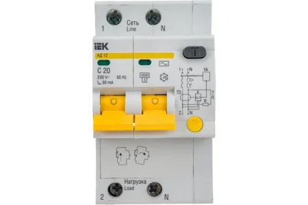 Выключатель авт.диф.тока 2п C 20А 30мА тип AC 4.5кА АД-12 IEK MAD10-2-020-C-030