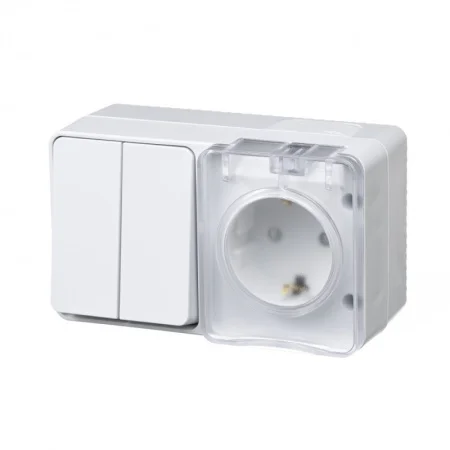 Блок "AtlasDesign" Profi розетка с  заземлением со шторками 16А 250B, выключатель двухклавишный IP54