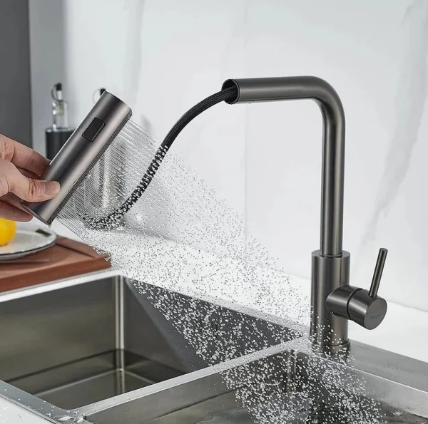 Смеситель для кухни одноручный гибкий выдвижной излив Shevanik S263T оружейная сталь