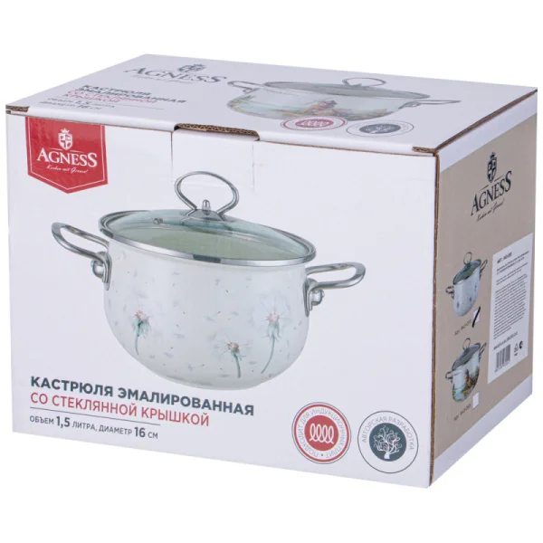 Кастрюля Agness Эмалированная Со Стеклянной Крышкой, 1,5 Л Диа.16См