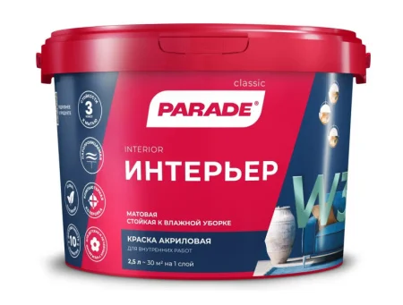 Краска акриловая Parade W3 ИНТЕРЬЕР для стен и потолков влагостойкая матовая 2,5л