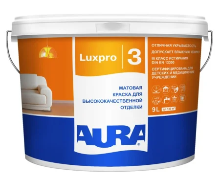 Краска AURA "Luxpro 3" интерьерная влагостойкая для стен и потолков 9 л