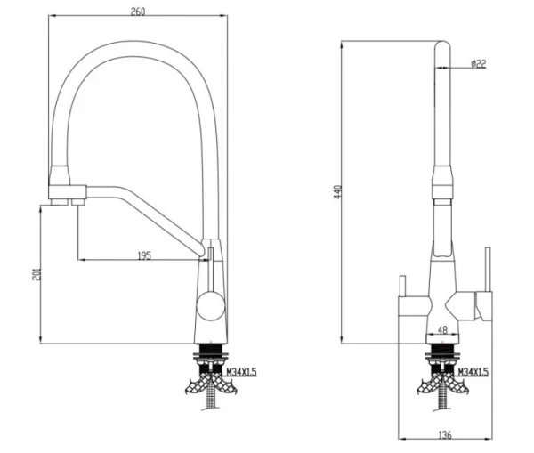Смеситель для кухни  с высоким гибким изливом с подключением фильтра питьевой воды AVRORA Kitchen AV9006GM графит