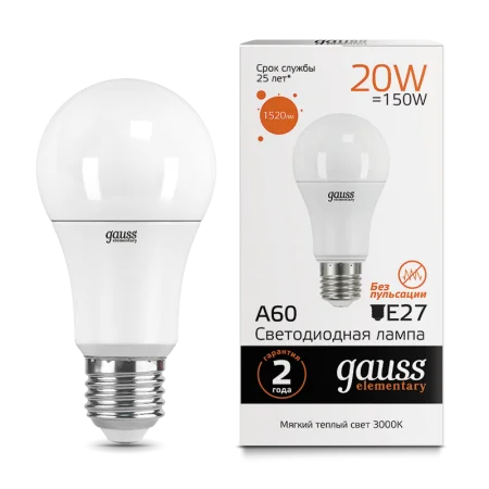 Лампа Gauss Elementary A60 20W 1520lm 3000K E27 LED *1/10/50