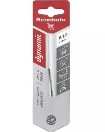 Сверло по металлу ЦХ, 1.0х34мм, HSS-G, P6M5, уп-2шт. Rennbohr Dynamic Card 675010 *1