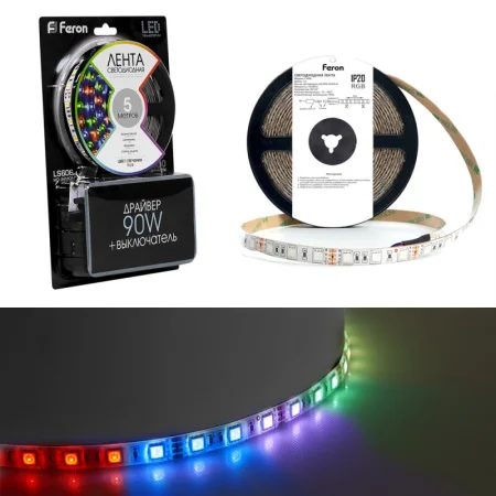 Лента светодиодная Feron LS606, 60SMD(5050)/m 14.4W/m 12V 5m RGB c адаптером с вилкой, контроллером с пультом в комплекте