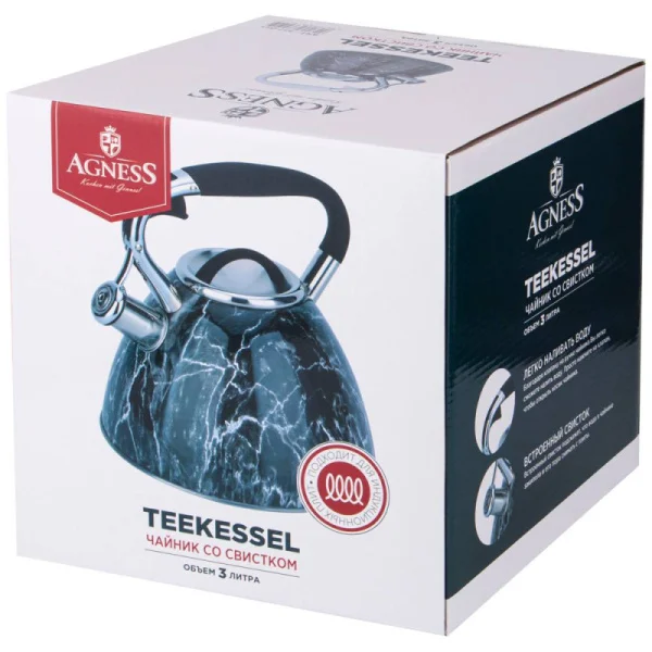 Чайник Agness Со Свистком, Серия Fantasy, 3,0 Л, Индукционное Капсульное Дно, Цвет: Чёрный Мрамор
