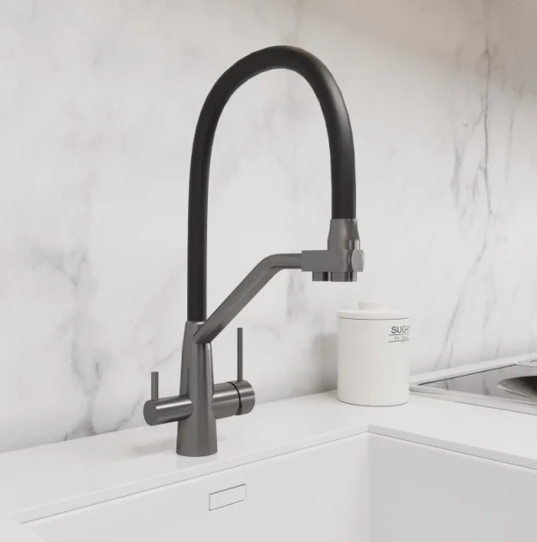 Смеситель для кухни  с высоким гибким изливом с подключением фильтра питьевой воды AVRORA Kitchen AV9006GM графит