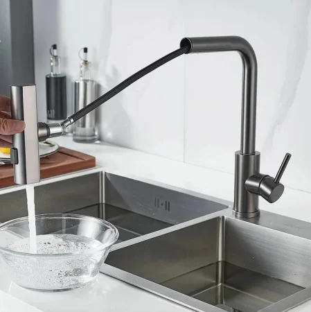 Смеситель для кухни одноручный гибкий выдвижной излив Shevanik S263T оружейная сталь