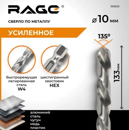 Сверло по металлу 10х133мм сталь HSS4341 (W4) Rage by Vira 554020 *1