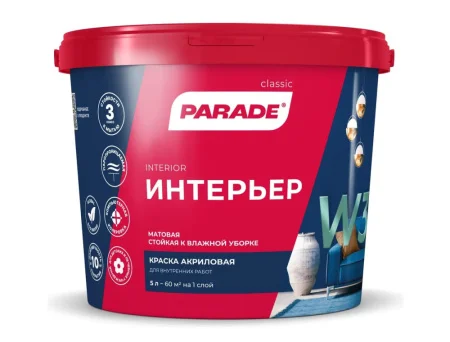 Краска акриловая для стен и потолков 5 л PARADE W3 ИНТЕРЬЕР влагостойкая матовая 8311405  1 72