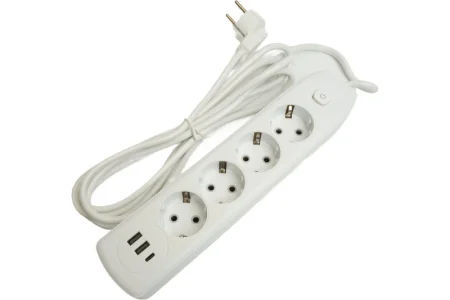Удлинитель 4х3м c/з 3x1 мм2 250В, 10А, 2USB+1Type-C 2,4А Home белый HM08-43-02 Stekker *1