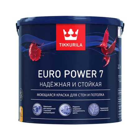 Краска интер. стойкая к мытью EURO POWER 7 база A мат. Тиккурила 2,7л.