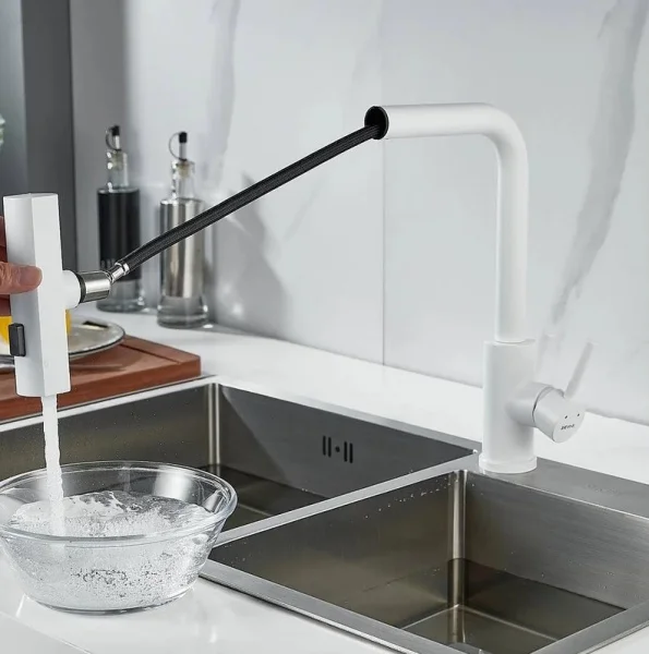 Смеситель для кухни одноручный гибкий выдвижной излив Shevanik S263C белый