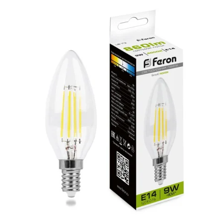 Лампа светодиодная, (9W) 230V E14 4000K прозрачная, LB-73 25958 (Feron) *1