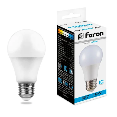 Лампа светодиодная, (12W) 230V E27 6400K A60, LB-93