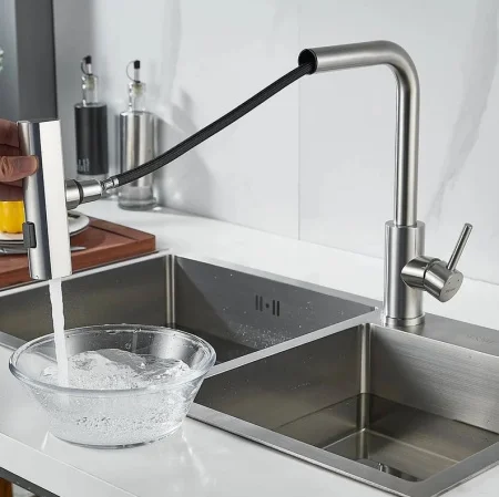 Смеситель для кухни одноручный гибкий выдвижной излив Shevanik S263L сатин