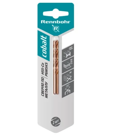 Сверло по металлу ЦХ, 4,5х80мм, HSS-Co, Р6М5К5, уп-2шт. Rennbohr Cobalt Card 668045 *1