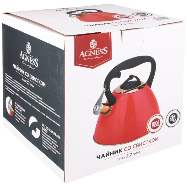 Чайник Agness Со Свистком 2,7 Л, Титановое Покрытие Носика, Термоаккумулирующее Дно, Индукция Цвет: